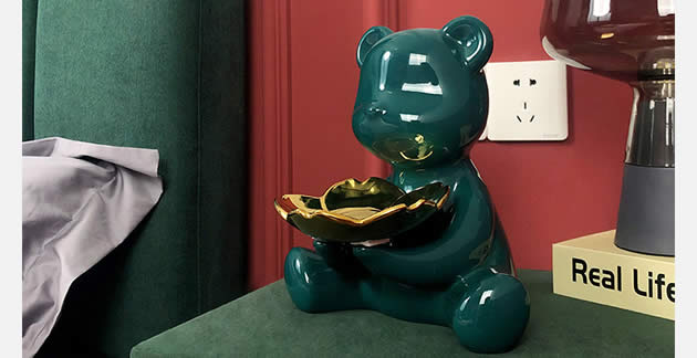 Cute dark green abstract bear storage tray Living room desktop pink decoration