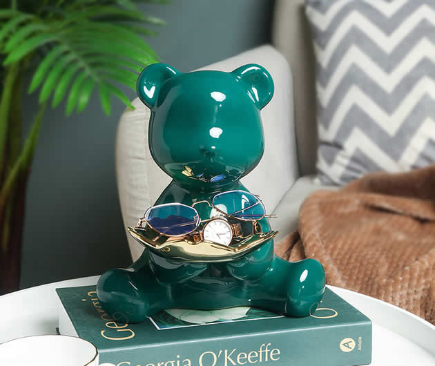 Cute dark green abstract bear storage tray Living room desktop pink decoration