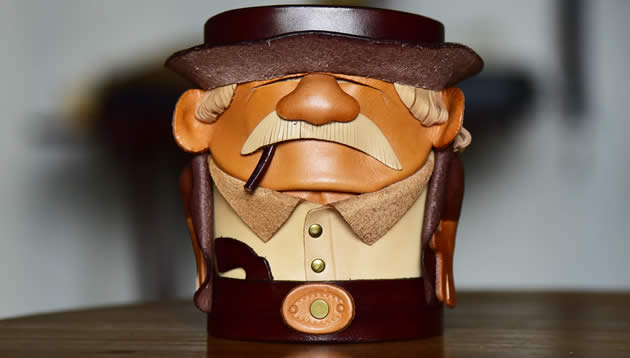 Funny Bearded Old Man Handmade Cowhide Leather Organize Pen Holder