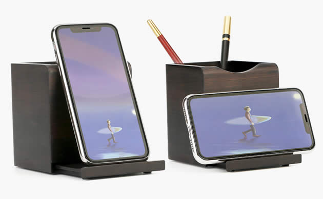 Retro Wooden Square Pen Holder With Phone Holder