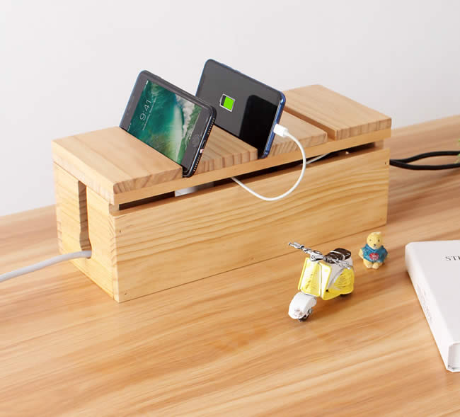 Desktop Wooden Power Outlet Organize Storage Box Wood Phone Holder