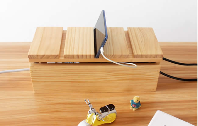 Desktop Wooden Power Outlet Organize Storage Box Wood Phone Holder