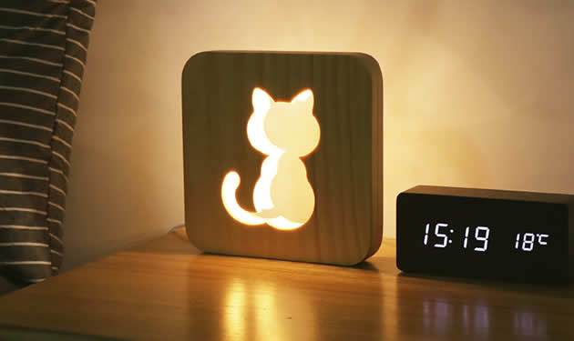 Cute Kitten Pattern Wooden Night Light