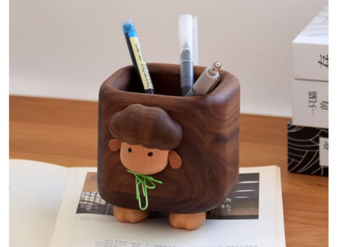 Cute Little Sheep Black Walnut Pen Holder