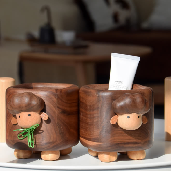 Cute Little Sheep Black Walnut Pen Holder