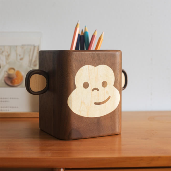 Cute Wooden Monkey Desktop Organizer Pen Holder
