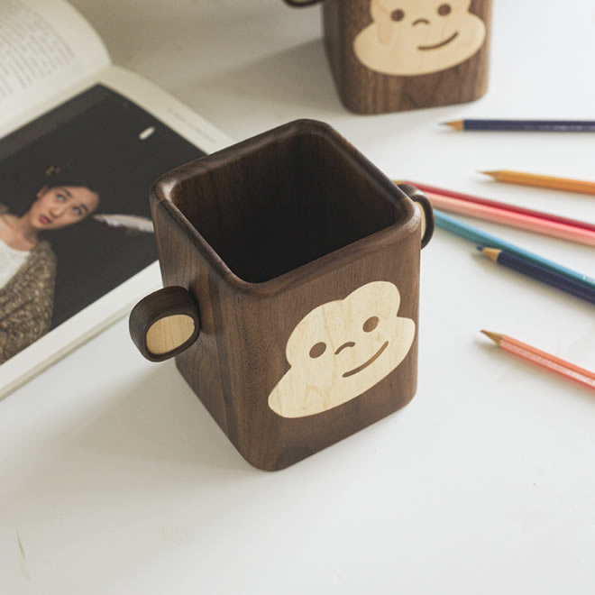 Cute Wooden Monkey Desktop Organizer Pen Holder