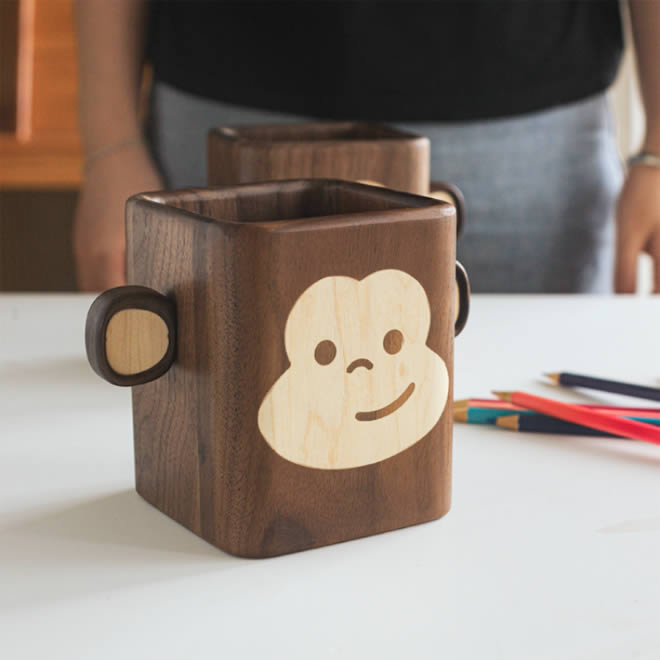 Cute Wooden Monkey Desktop Organizer Pen Holder