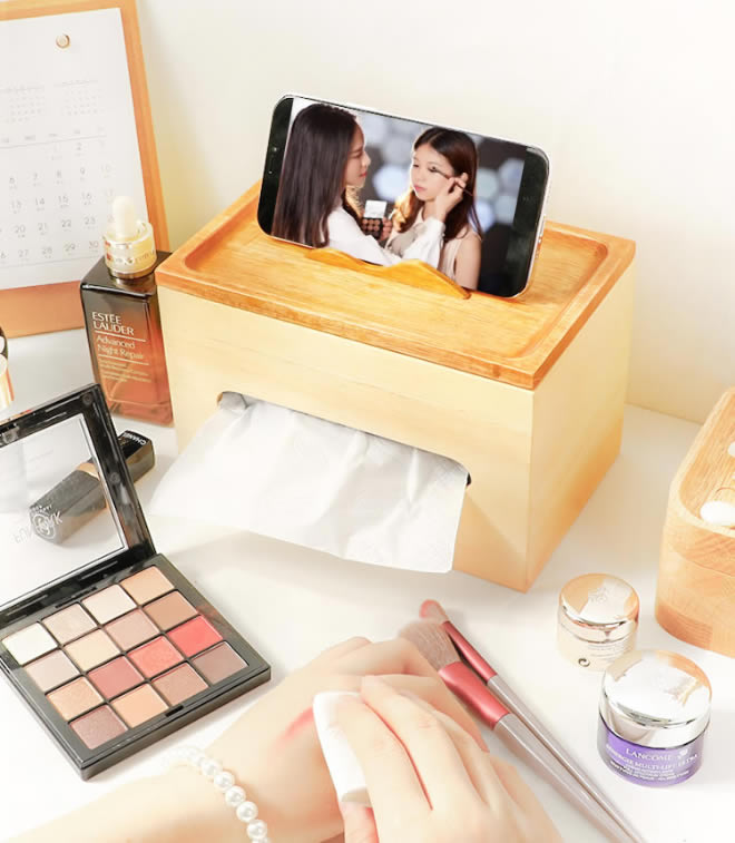 Multifunctional Pure Wood Tissue Box, Mobile Phone Holder