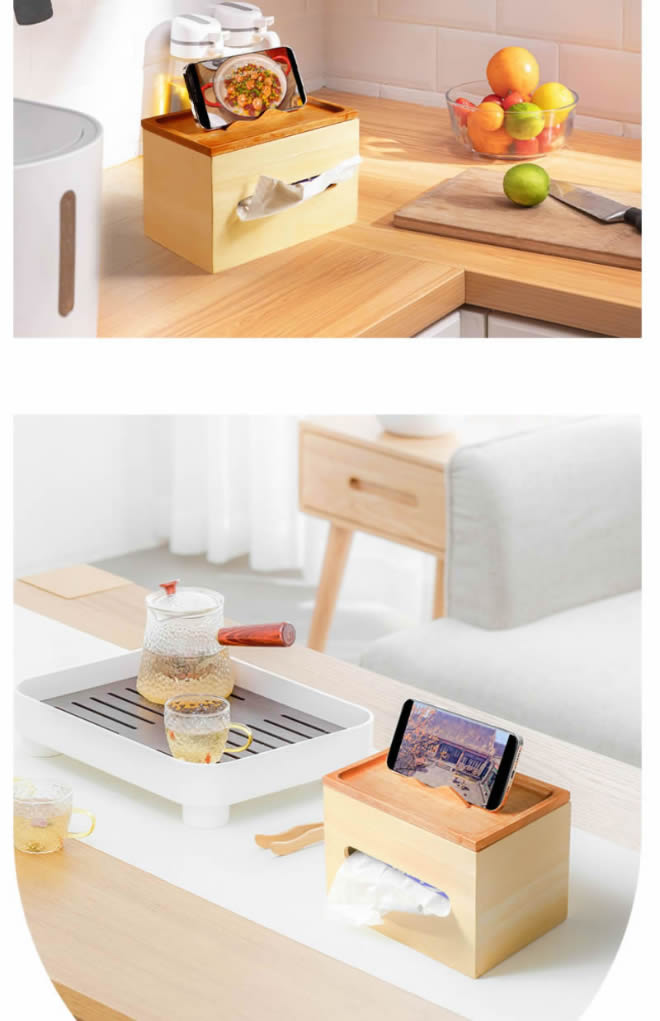 Multifunctional Pure Wood Tissue Box, Mobile Phone Holder