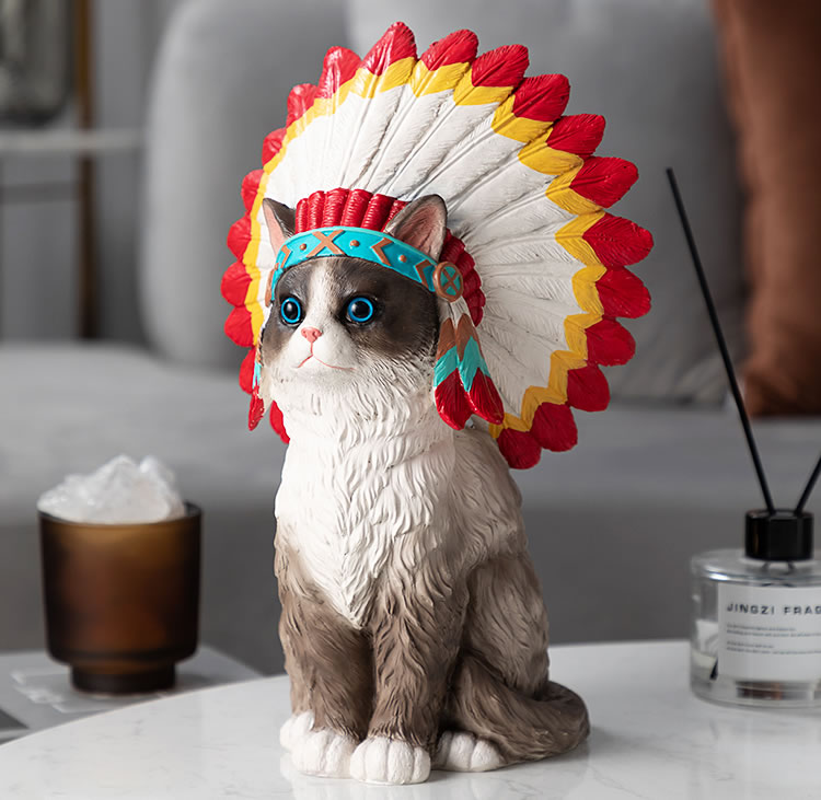 Amusing Native American Style Cat Sculpture Figurine