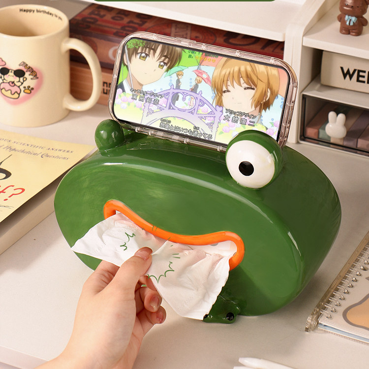 Big Mouth Green Frog Tissue Box With Cell Phone Holder