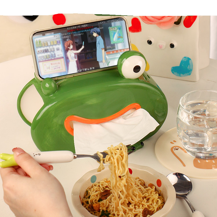 Big Mouth Green Frog Tissue Box With Cell Phone Holder