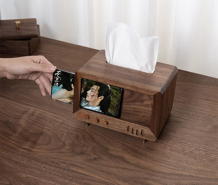 Black Walnut Tv Shaped Tissue Box,With Phone Holder