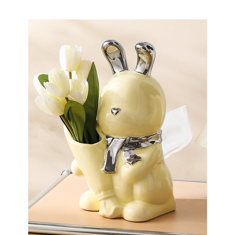 Cute Bear Rabbit Holding Flower Ceramic Tissue Box