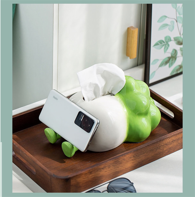 Whimsical Cabbage Ceramic Tissue Box With Phone Stand