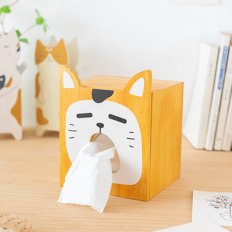 Wooden Big Face Cat Wall Tissue Box