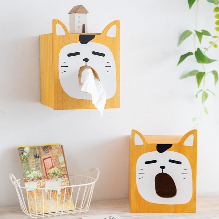 Wooden Big Face Cat Wall Tissue Box