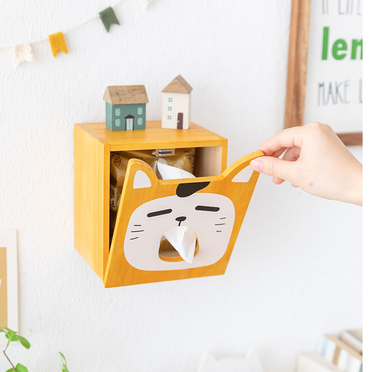 Wooden Big Face Cat Wall Tissue Box