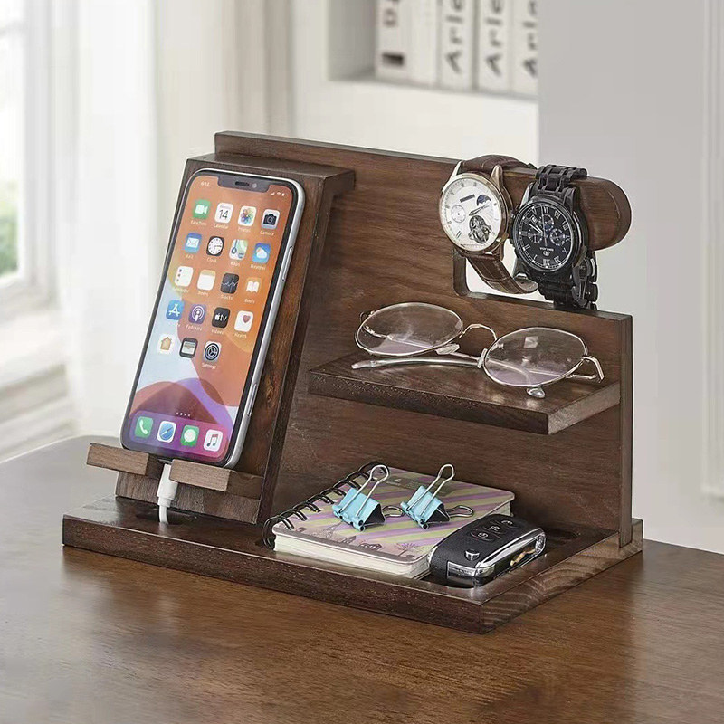 Wooden Desktop Organizer For Phones, Glasses, And Watches