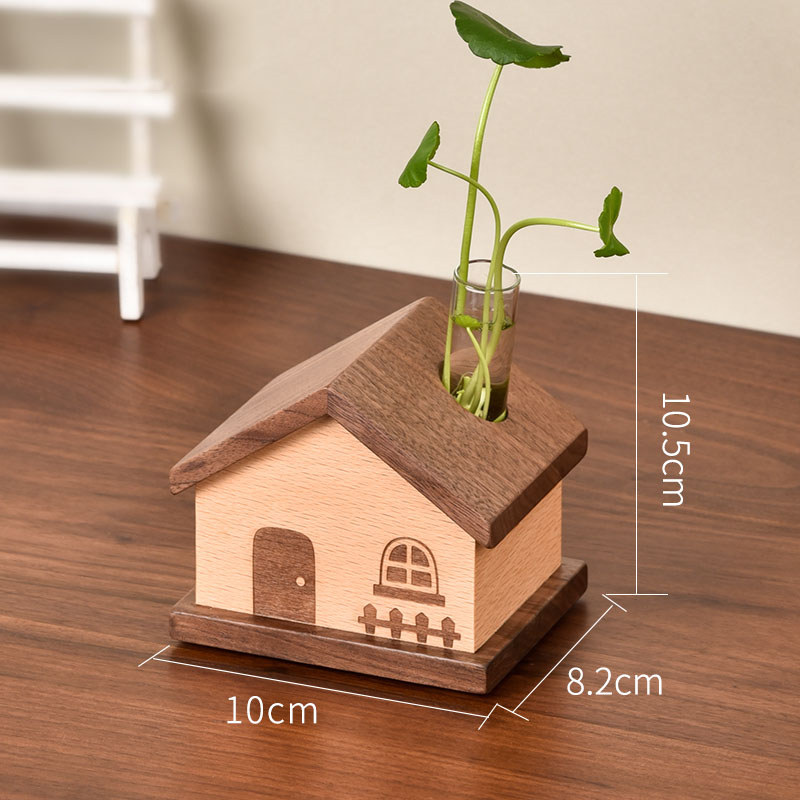 Wooden House Desktop Decor Vase With Glass Test Tube