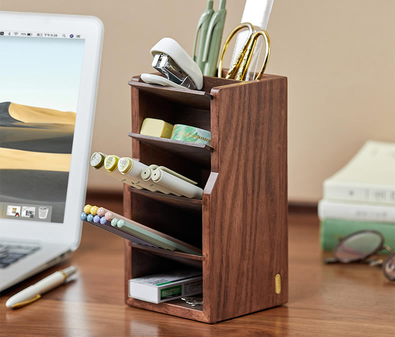 Wooden Multi-Layer Pen Holder, Stationery Organizer