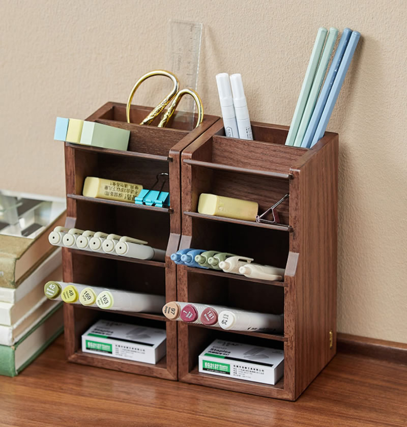 Wooden Multi-Layer Pen Holder, Stationery Organizer