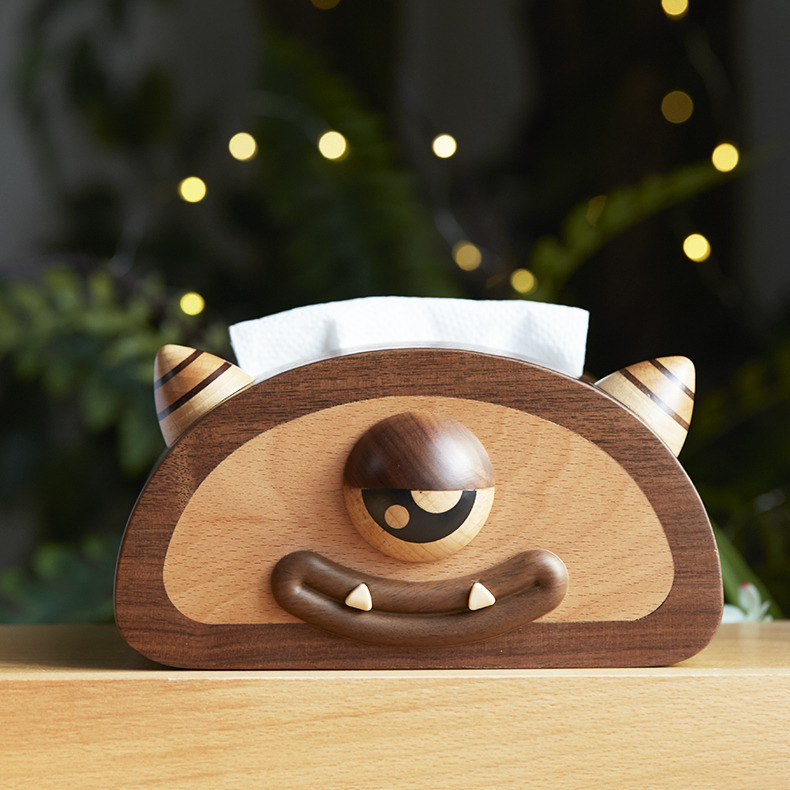 Wooden One-Eyed Monster Tissue Box