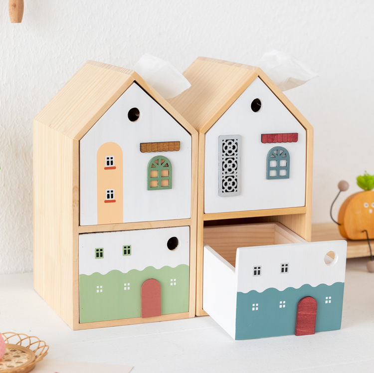 Wooden Small House Tissue Box With Drawer Storage Box