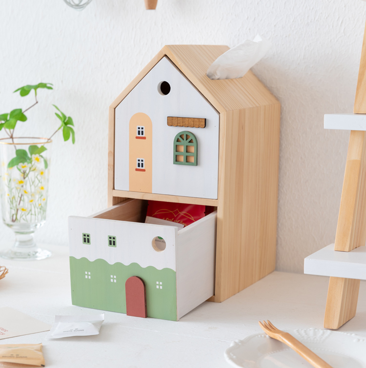 Wooden Small House Tissue Box With Drawer Storage Box