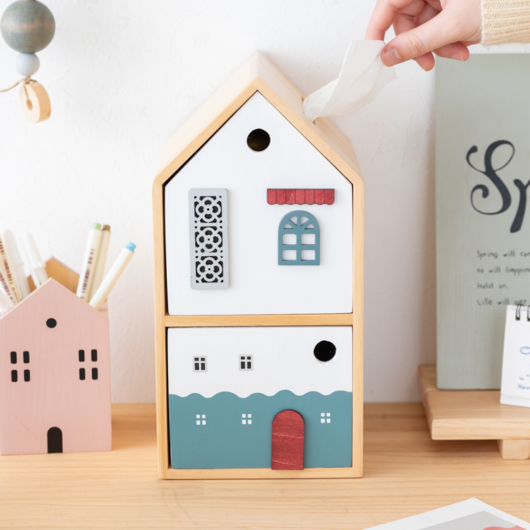 Wooden Small House Tissue Box With Drawer Storage Box