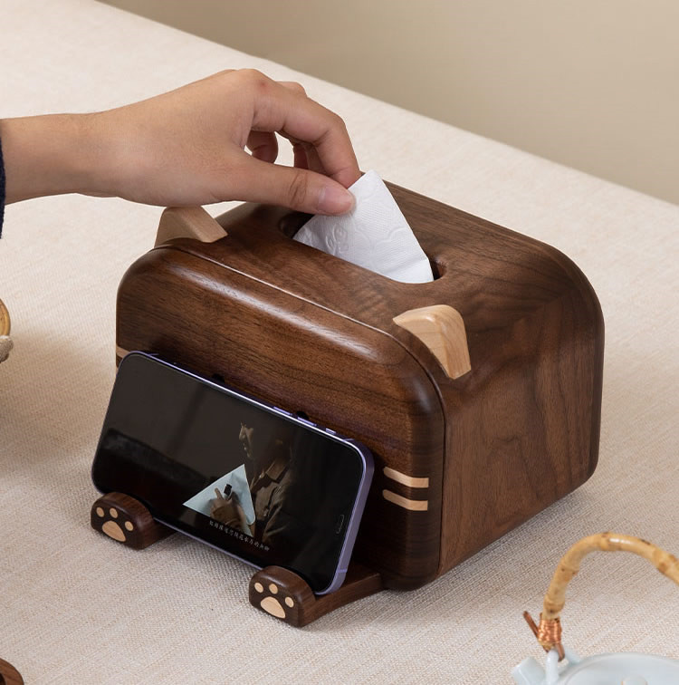 Black Walnut Wood Cat Face Tissue Box With Phone Stand