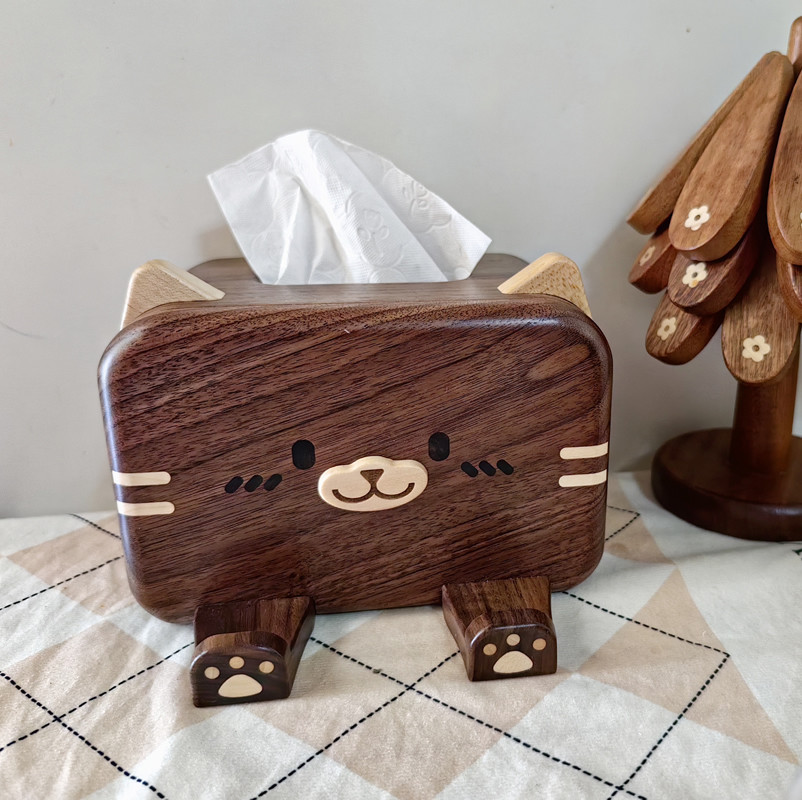 Black Walnut Wood Cat Face Tissue Box With Phone Stand