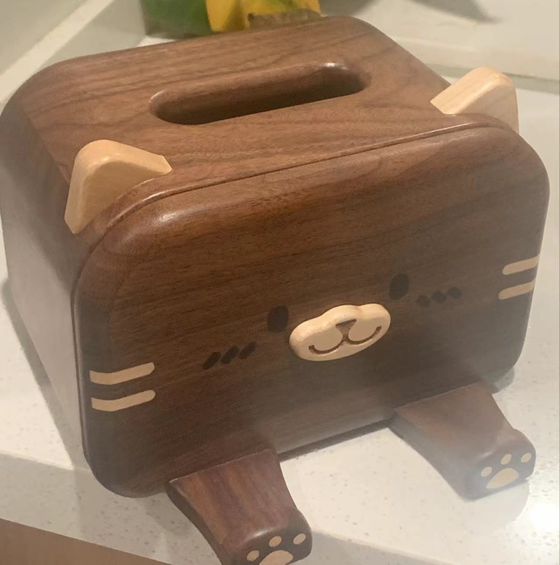 Black Walnut Wood Cat Face Tissue Box With Phone Stand