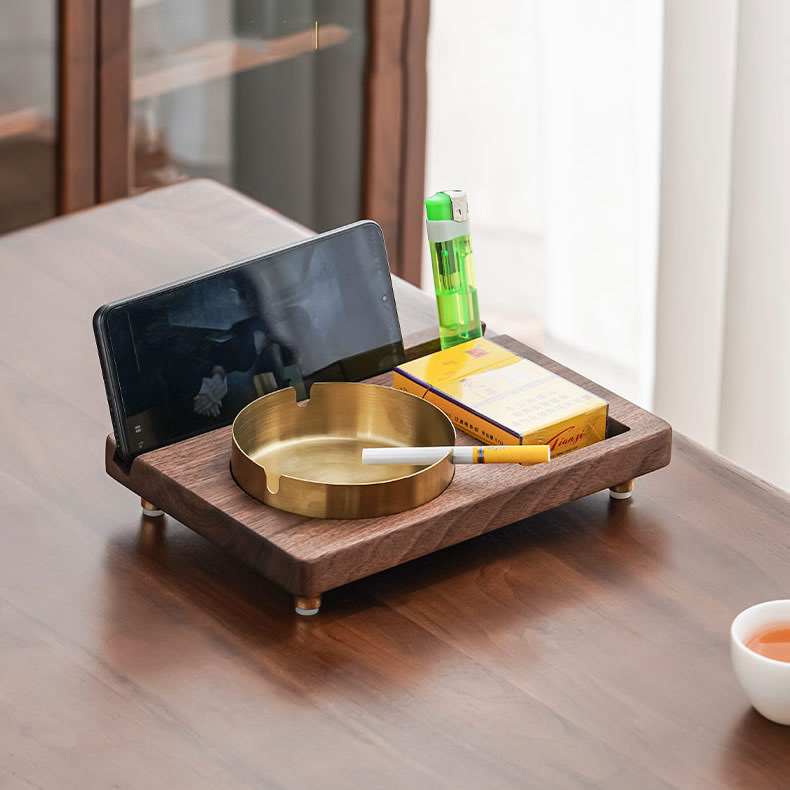 Classic Black Walnut Wooden Ashtray With Phone Holder