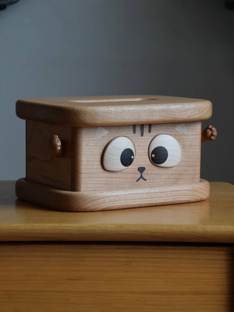 Cute Big Eyes Cat Wooden Tissue Box, Home Office Decoration