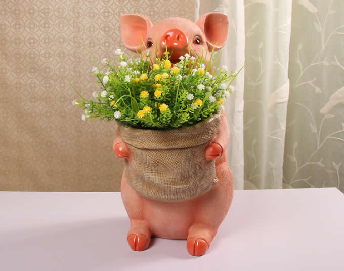 Art Creative Resin Pig Piggy Bank Pen Holder Flower Pot