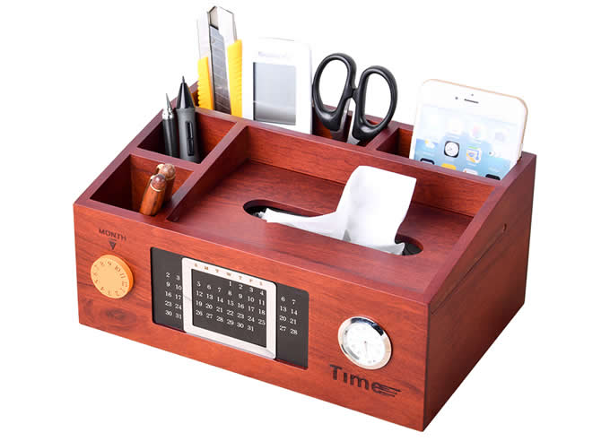 Bamboo Wood Multi-Function Desktop Tissue Box Cover Perpetual calendar Remote Control Holder Storage Box