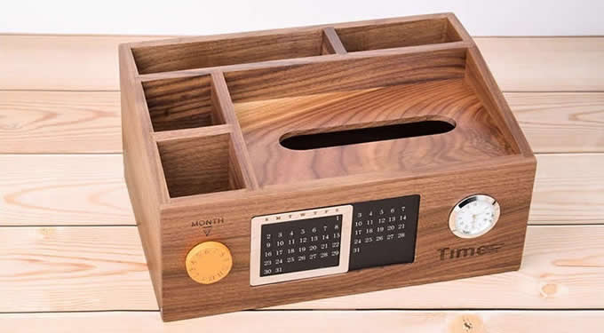 Bamboo Wood Multi-Function Desktop Tissue Box Cover Perpetual calendar Remote Control Holder Storage Box