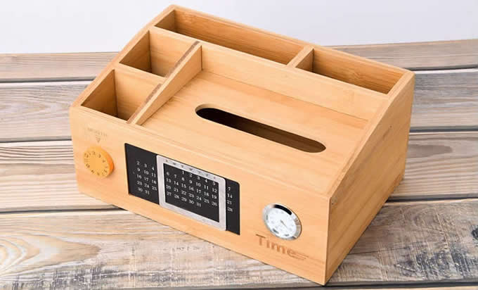 Bamboo Wood Multi-Function Desktop Tissue Box Cover Perpetual calendar Remote Control Holder Storage Box