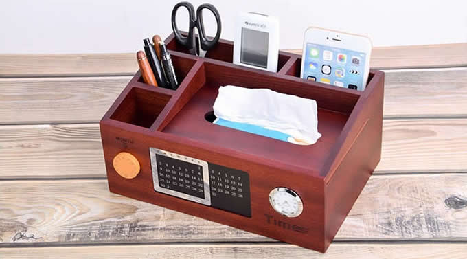 Bamboo Wood Multi-Function Desktop Tissue Box Cover Perpetual calendar Remote Control Holder Storage Box