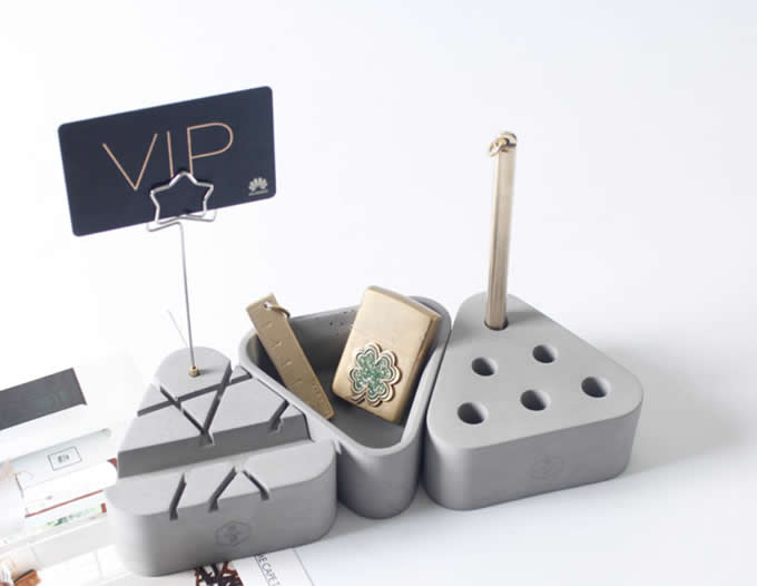 3pcs Concrete Office Desk Organizer Set - Phone Stand / Pencil Holder / Business Card Holder