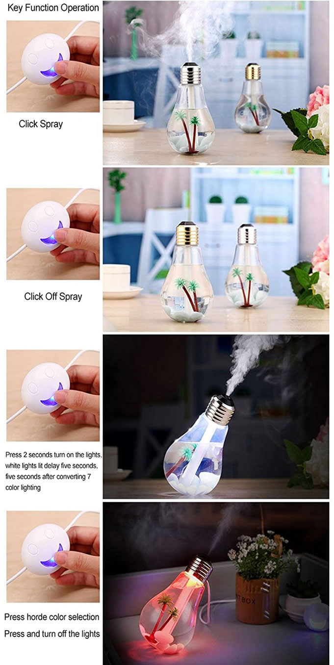 USB Bulb Shaped Mist Humidifier with Colorful LED Night Light