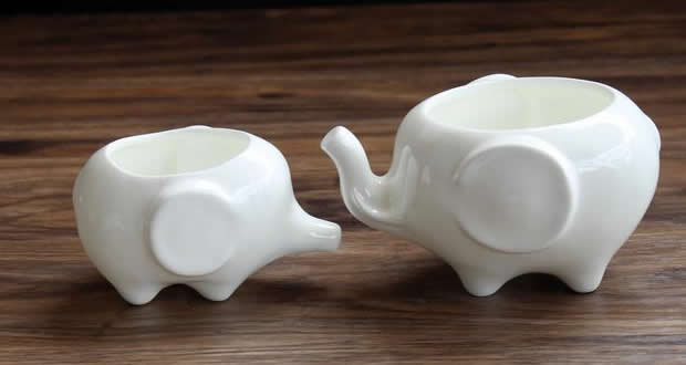 Set of 2 - White Elephant Ceramic Flower Pot  