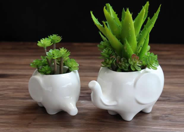 Set of 2 - White Elephant Ceramic Flower Pot  