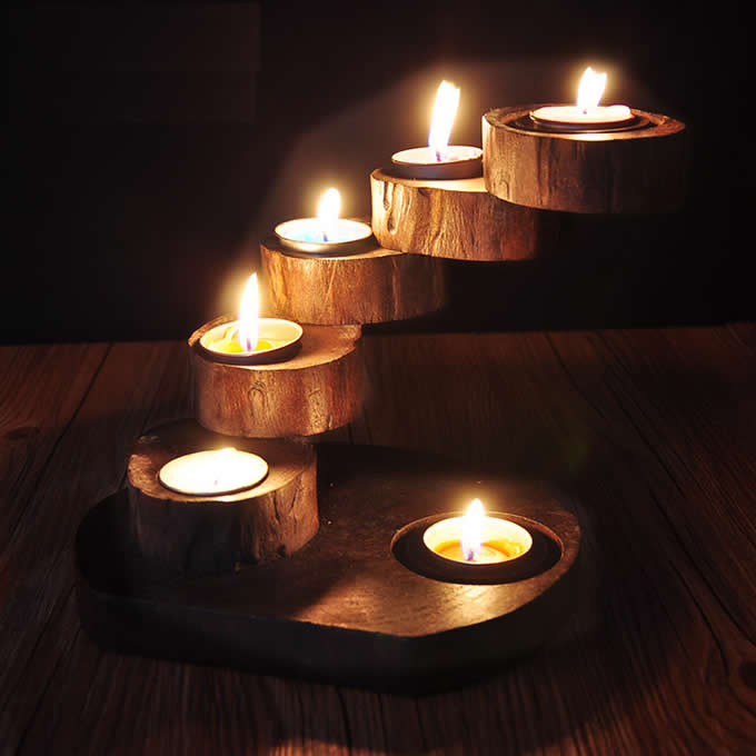    Vintage  Wooden Stairs Candle Tealight Holder 