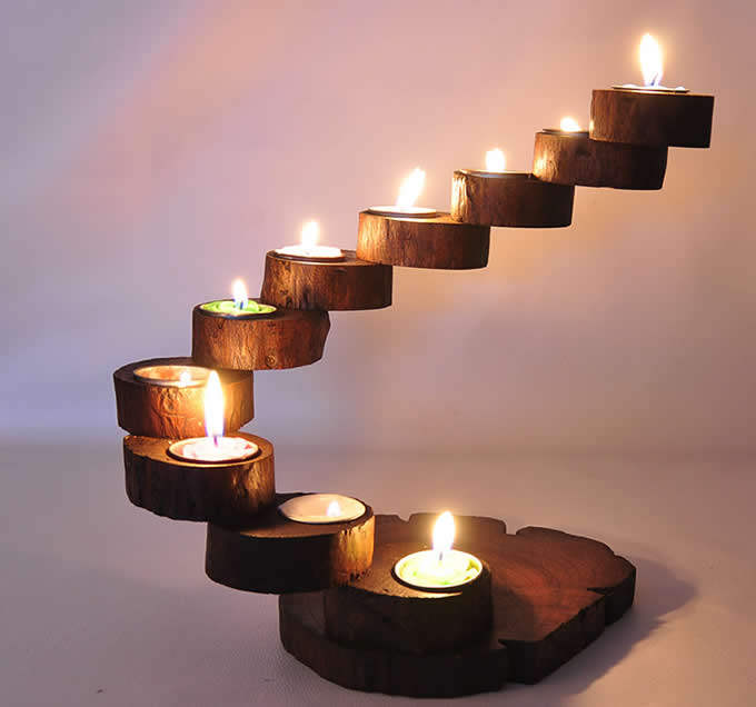    Vintage  Wooden Stairs Candle Tealight Holder 