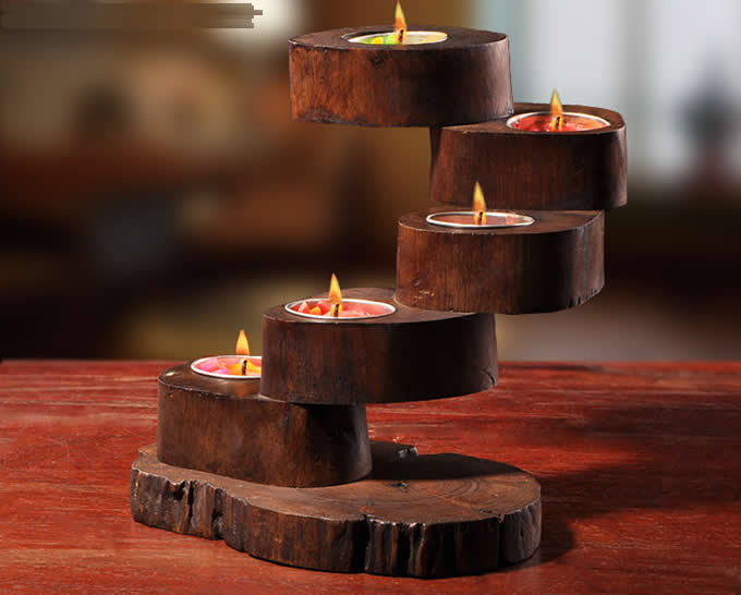    Vintage  Wooden Stairs Candle Tealight Holder 