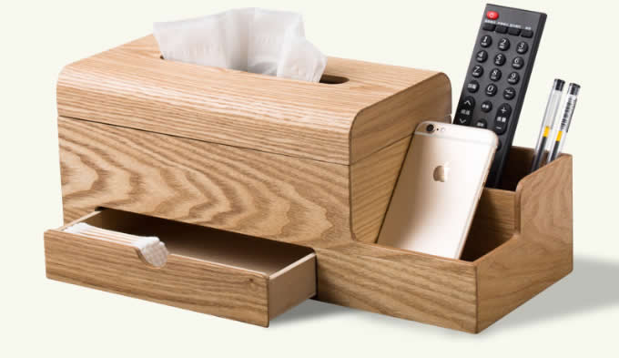 Wooden Tissue Box Cover Holder and Remote Control Organizer with