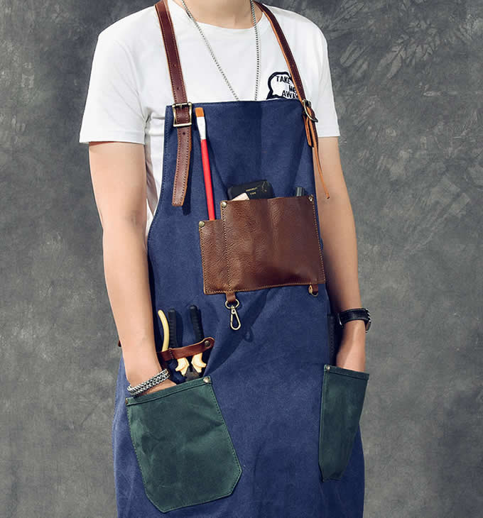 Genuine Leather & Canvas Heavy Duty Work Apron  with Adjustable  Straps for Men Women 